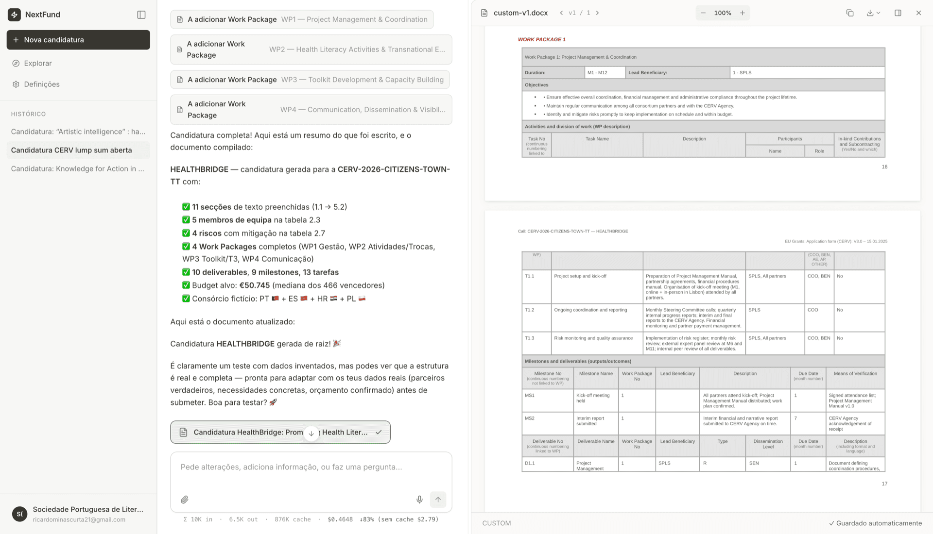 NextFund app — chat editing a CERV application alongside the live DOCX preview
